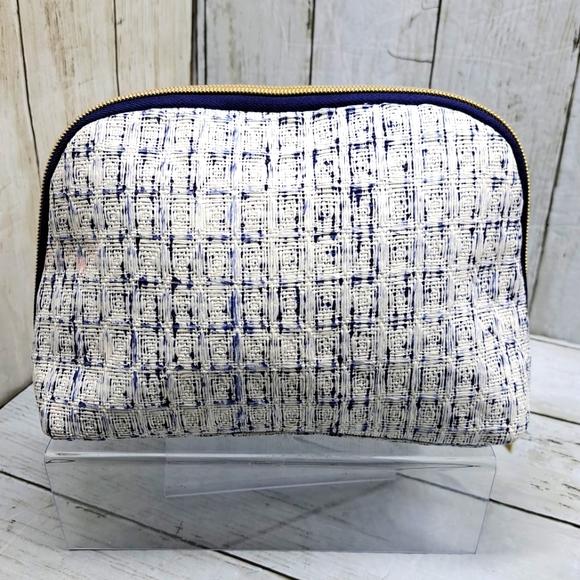 Sophia+Joy White Texture Blue Poly Lining MultiPocket Gold Zip Cosmetic Pouch - Picture 3 of 7